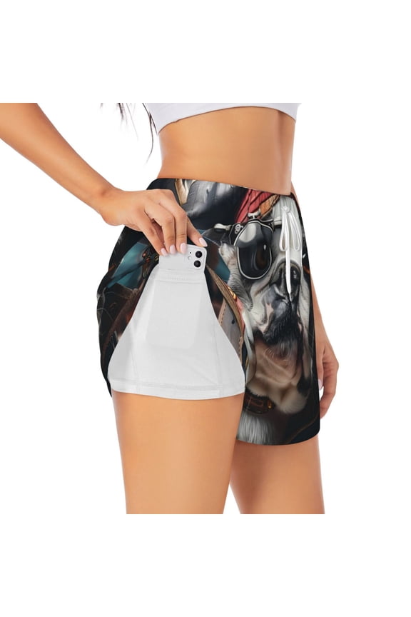 Pirate Bulldog On Deck Athletic Shorts for Women, Women's Running Double Layer Shorts, High Waisted Yoga Shorts, Workout Athletic Shorts-Small