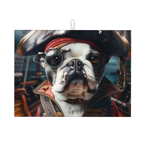 Vsdgher Pirate Bulldog On Deck Dish Drying Mat Super Absorbent Drying Mat Large Dish Drying Mats for Kitchen Counter Kitchen Drying Mat 24" x 18"