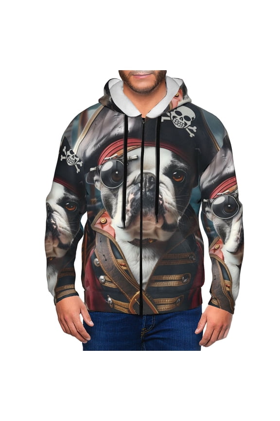 Pirate Bulldog On Deck Mens Hoodies Zip Hoodie, Hoodies for Men, Zip-up Hooded Sweatshirt-Large