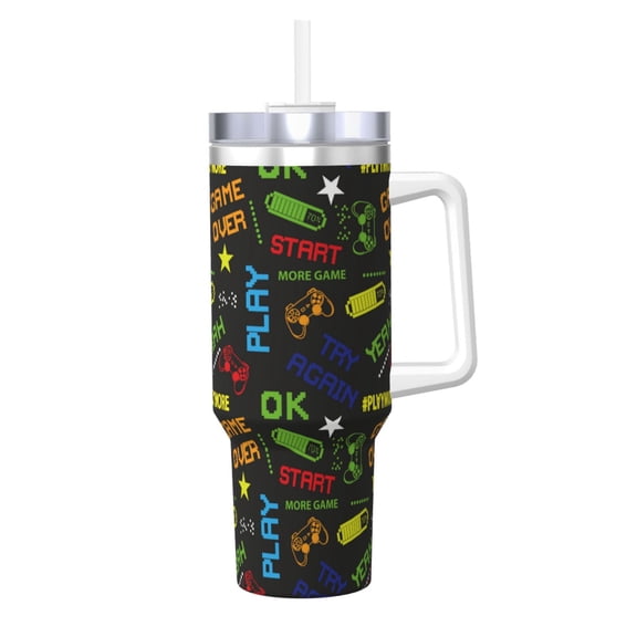 Vsdgher Pixel Game Pattern 40 oz Tumbler with Handle and Straw Lid | Insulated Cup Reusable Stainless Steel Water Bottle Travel Mug | Gifts for Women Men Him Her