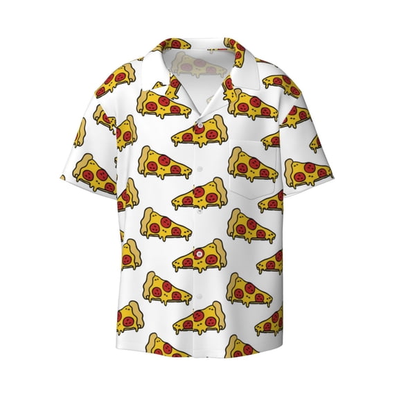 Vsdgher Pizza Print Men's Wrinkle Free Untucked Cuban Shirt Business Casual Button Down Shirts Short Sleeve Shirt