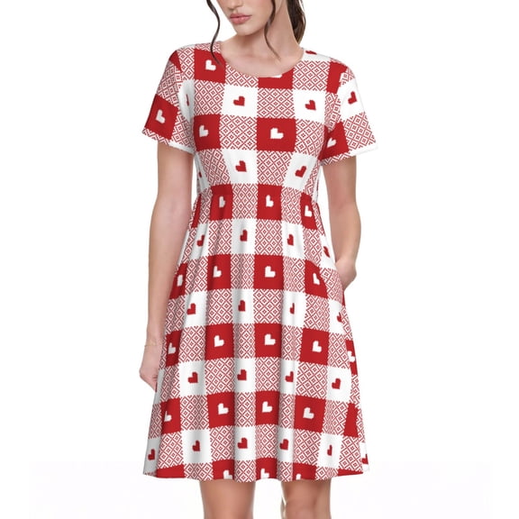 Vsdgher Plaid Heart for Womens Summer 2025 Casual Midi Maxi Dresses Lightweight Short Sleeve Round Neck Beach Dress -3X-Large