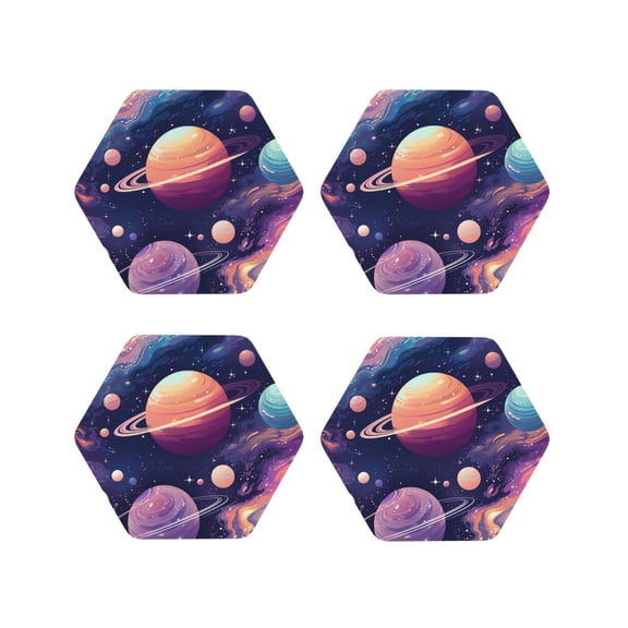 Vsdgher Planet Pastel Galaxy Leather Coasters for Drinks, Durable Drink Coasters 4 Set for Tabletop Protection, Luxurious Home Décor and Housewarming Gift-Hexagon