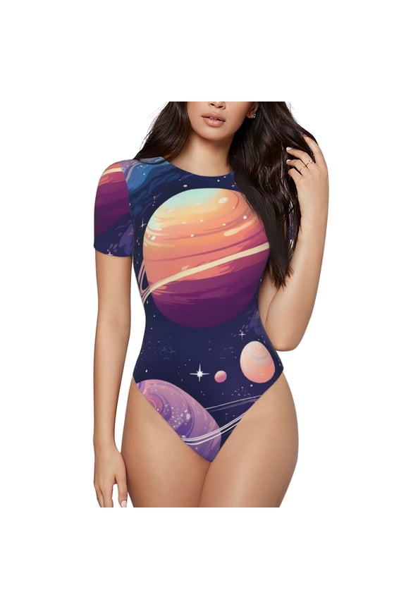 Planet Pastel Galaxy Prinr Short Sleeve Body suit for Womens, Sexy Onesie One Piece Round Neck Bodysuit Shapewear Tummy Control-X-Large