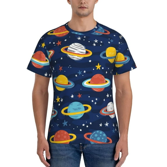Vsdgher Planets and Stars Print Men's Dry Fit Mesh Athletic Shirts Moisture Wicking Tennis T-Shirt Tops