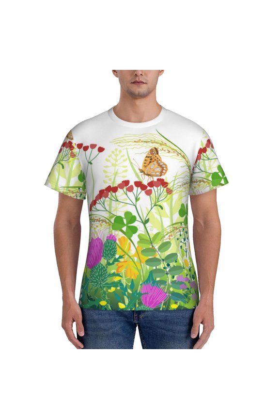 Plants and Insects Print Men's Dry Fit Mesh Athletic Shirts Moisture Wicking Tennis T-Shirt Tops