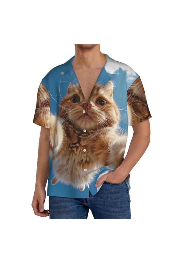 Playful Cat Fisheye View Men's Cuban Shirt, Hawaiian Shirts, Business Casual Button Down Shirts, Short Sleeve Shirt-Small