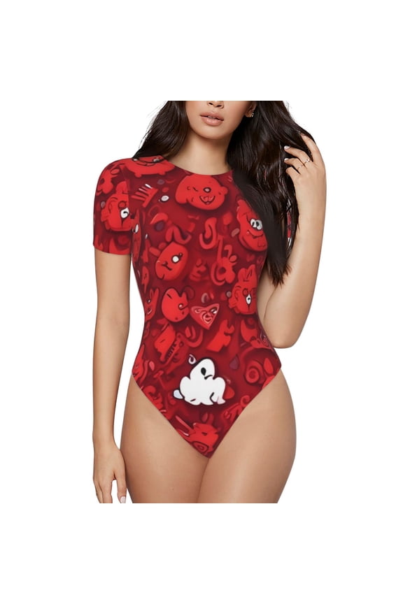 Playful Red Cartoon Faces Prinr Short Sleeve Body suit for Womens, Sexy Onesie One Piece Round Neck Bodysuit Shapewear Tummy Control-Medium