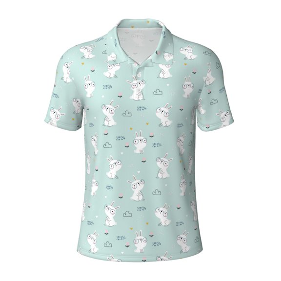 Vsdgher Playing Rabbit Print Men's Short Sleeve Stretch Polo Shirt, Moisture-Wicking Performance Polo Shirt