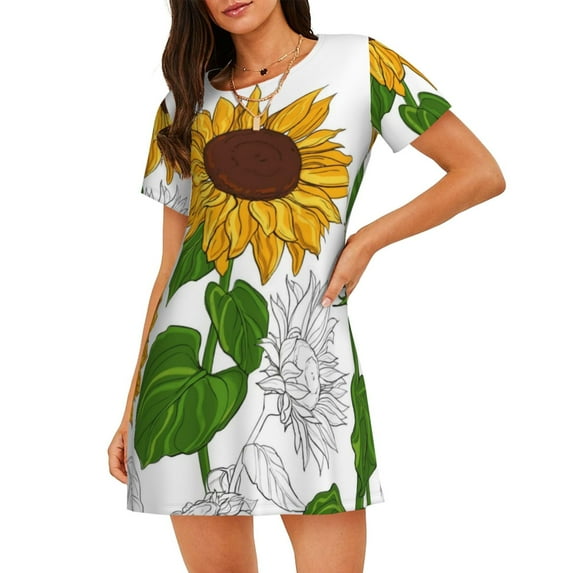 Vsdgher Plump Sunflower And Sketch Pattern Womens Short Sleeve Sleepshirt Scoopneck Cute Nightdress Ruffle Comfy Nightgown