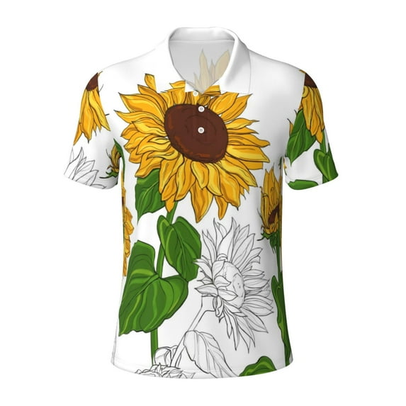 Vsdgher Plump Sunflower And Sketch Print Men's Short Sleeve Stretch Polo Shirt, Moisture-Wicking Performance Polo Shirt