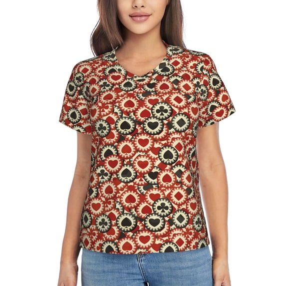 Vsdgher Poker Chips Women Shirts V Neck Short Sleeve Tops T-Shirt Basic Tees, S to 3XL3X-Large