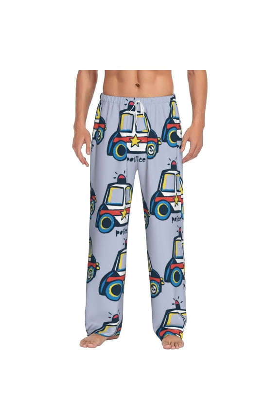 Police Car Print Mens Pajama Pants Sleep & Lounge Pants, PJ Bottoms With elastic waistb and Pockets
