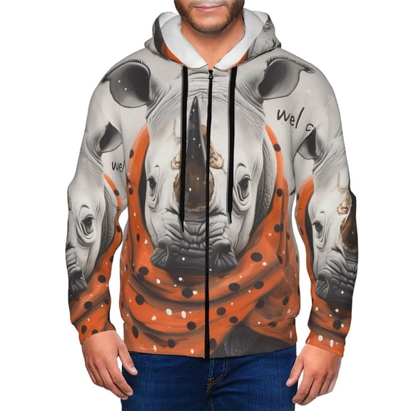 Vsdgher Polka Dot Rhino Welcome Mens Hoodies Zip Hoodie, Hoodies for Men, Zip-up Hooded Sweatshirt-