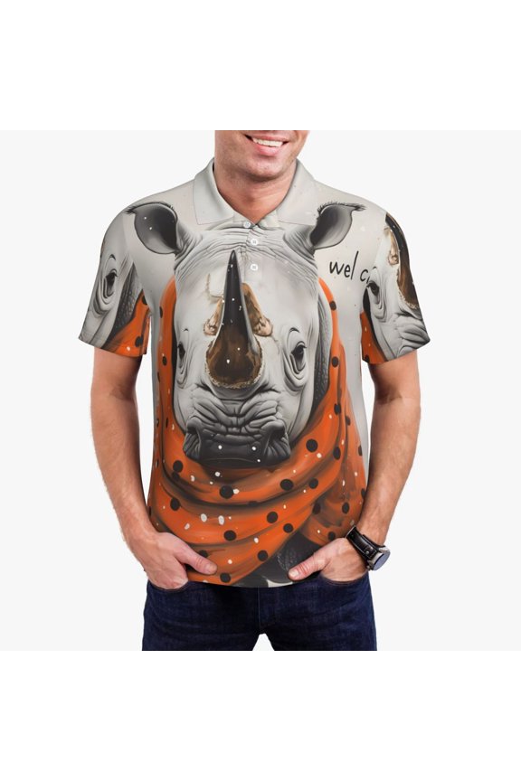 Polka Dot Rhino Welcome Polo Shirts for Men, Men's Short Sleeve Stretch Polo Shirt, Shirts for Men-X-Large