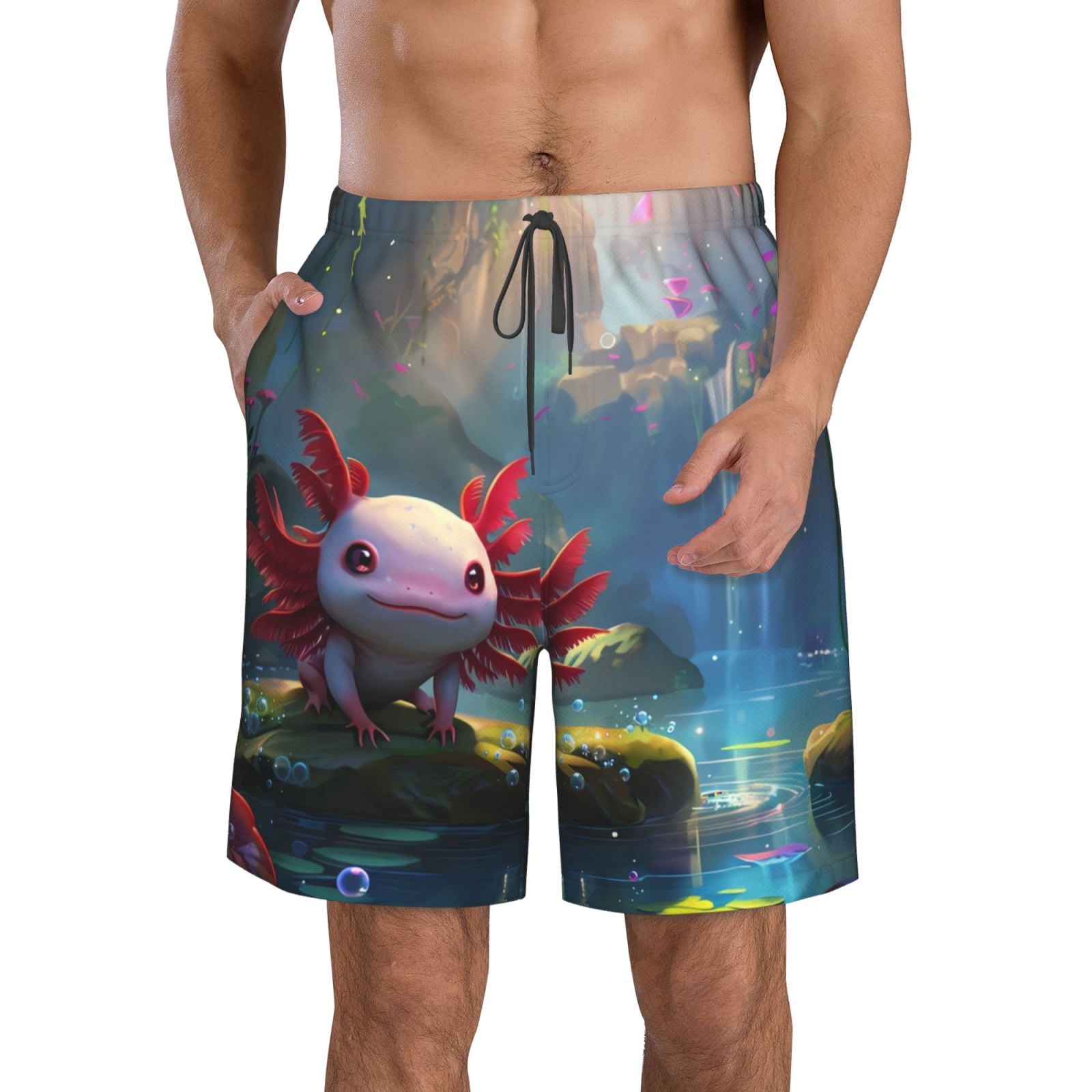 Vsdgher Pond Cute Axolotl Men's Beach Shorts, Surfing shorts, Swim trunks, Quick Dry Swim Trunks for Surfing Beach Fun -Small