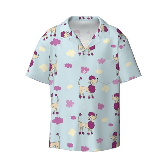 Vsdgher Poodle Dog Print Men's Wrinkle Free Untucked Cuban Shirt Business Casual Button Down Shirts Short Sleeve Shirt