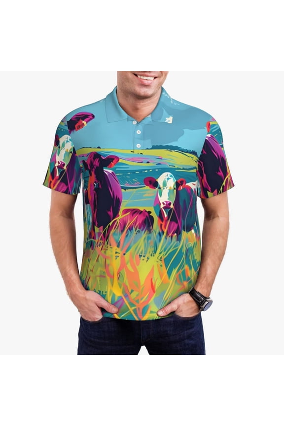 Pop Art Colorful Cows Polo Shirts for Men, Men's Short Sleeve Stretch Polo Shirt, Shirts for Men-4X-Large
