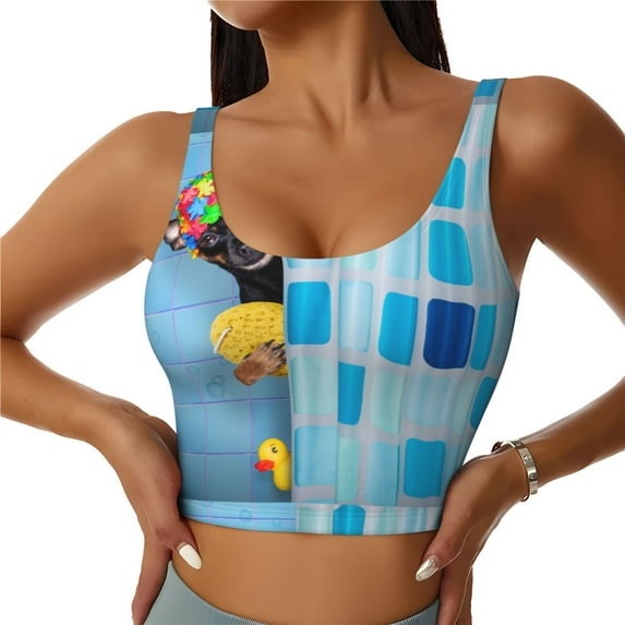 Vsdgher Prague Ratter Dog in Bathtub Print Women Sleeveless Athletic Tank Top Built-in Bra Camisole Sports Vest for Yoga Running Fitness Exercise with Removable Pads