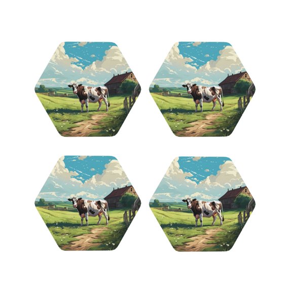 Vsdgher Prairie Pasture Cow Leather Coasters for Drinks, Durable Drink Coasters 4 Set for Tabletop Protection, Luxurious Home Décor and Housewarming Gift ( {designName})Hexagon