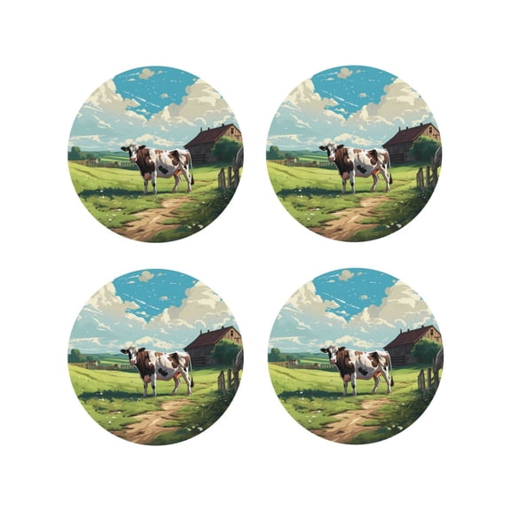 Vsdgher Prairie Pasture Cow Leather Coasters for Drinks, Durable Drink Coasters 4 Set for Tabletop Protection, Luxurious Home Décor and Housewarming Gift ( {designName})Round Shape