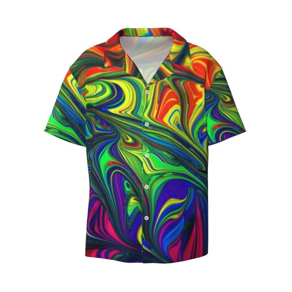 Vsdgher Pride Rainbow Print Men's Wrinkle Free Untucked Cuban Shirt Business Casual Button Down Shirts Short Sleeve Shirt