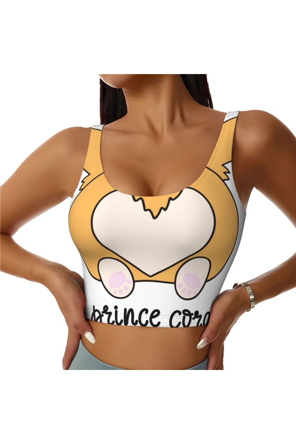 Prince Corgi Dog Print Women Sleeveless Athletic Tank Top Built-in Bra Camisole Sports Vest for Yoga Running Fitness Exercise with Removable Pads