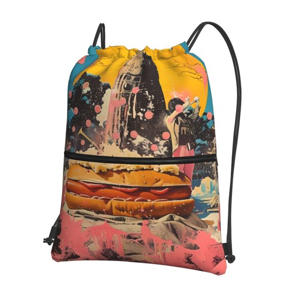 Vsdgher Psychedelic Band Hotdog Art Drawstring Backpack Water Resistant String Bag Sports Sackpack Gym Sack for Men Women