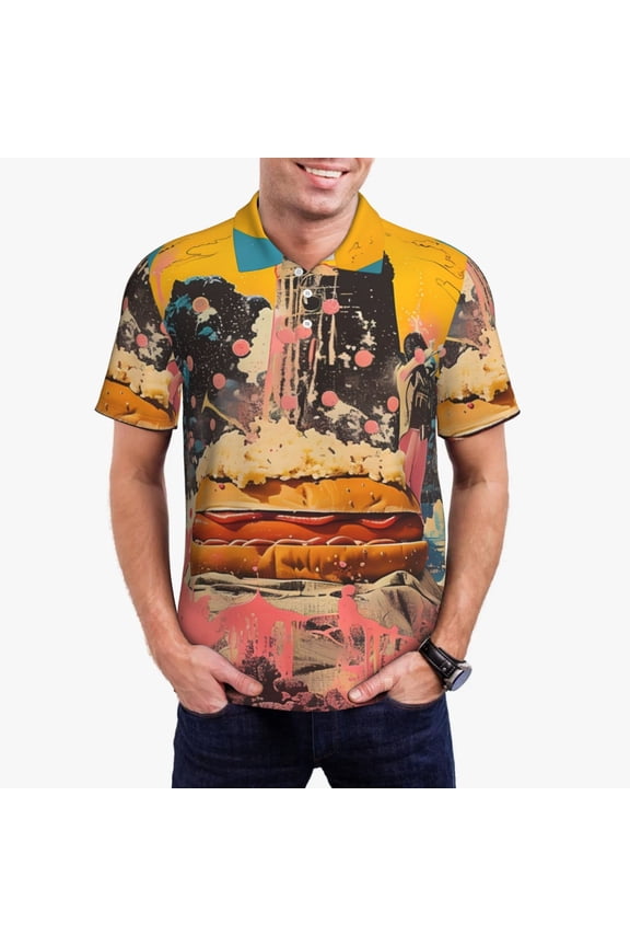 Psychedelic Band Hotdog Art Polo Shirts for Men, Men's Short Sleeve Stretch Polo Shirt, Shirts for Men-X-Large