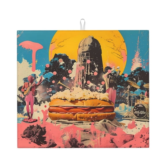 Vsdgher Psychedelic Band Hotdog Art Print Dish Drying Mat, Kitchen Counter Mat, Dish Drying Pad for Dishes, Utensils, Pots and Pans,16" x 18"