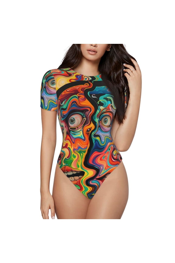 Psychedelic Faces Colorful Prinr Short Sleeve Body suit for Womens, Sexy Onesie One Piece Round Neck Bodysuit Shapewear Tummy Control-Medium