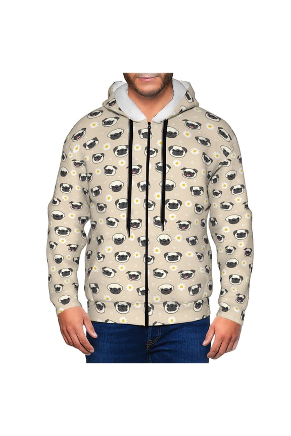 Pug Dog Face Mens Hoodies Zip Hoodie, Hoodies for Men, Zip-up Hooded Sweatshirt-Small