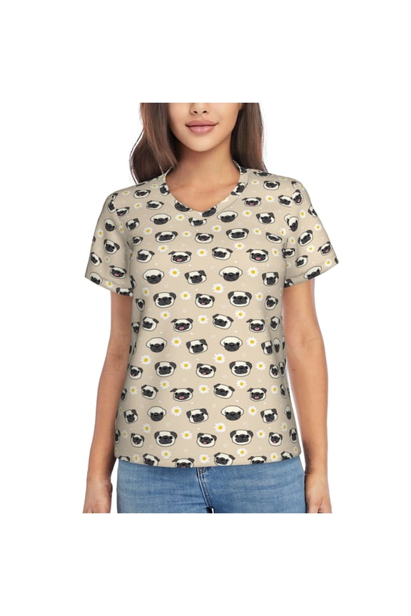 Pug Dog Face Women Shirts V Neck Short Sleeve Tops T-Shirt Basic Tees, S to 3XL3X-Large