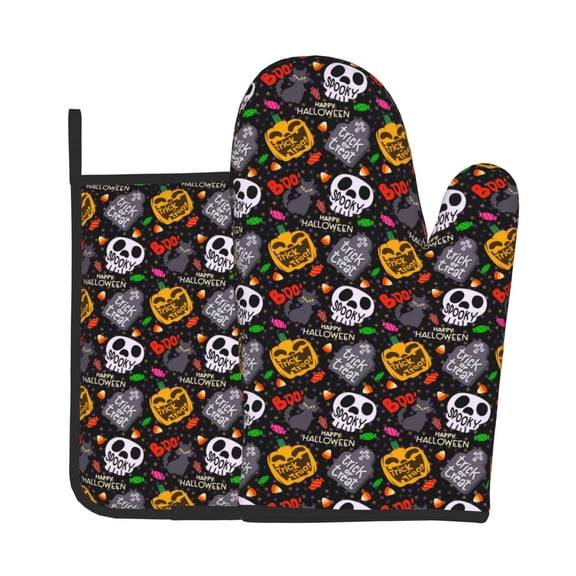 Vsdgher Pumpkin And Flying Bat Oven Mitts and Pot Holders 2 pcs Set,High Heat Resistant Kitchen Oven Glove for Baking and Cooking