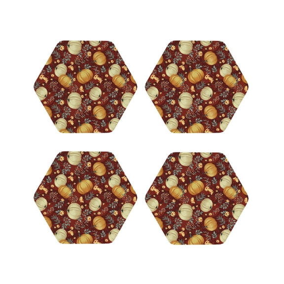 Vsdgher Pumpkin Leaf Daisy Leather Coasters for Drinks, Durable Drink Coasters 4 Set for Tabletop Protection, Luxurious Home Décor and Housewarming Gift-Hexagon
