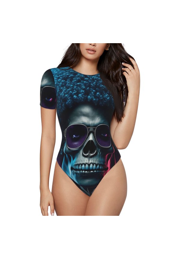 Punk Style Blue Haired Skull Prinr Short Sleeve Body suit for Womens, Sexy Onesie One Piece Round Neck Bodysuit Shapewear Tummy Control-Medium