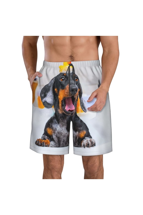 Puppy Sits In Bathtub Men's Beach Shorts, Surfing shorts, Swim trunks, Quick Dry Swim Trunks for Surfing Beach Fun -Small