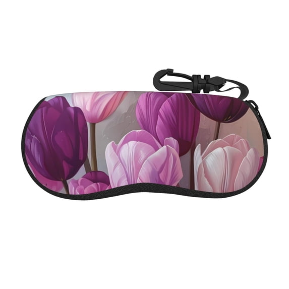 Vsdgher Purple And Pink Tulip Bouquet Sunglasses Soft Case Neoprene Zipper Eyeglass Case, Zipper Portable Spectacle Cases for Men Women