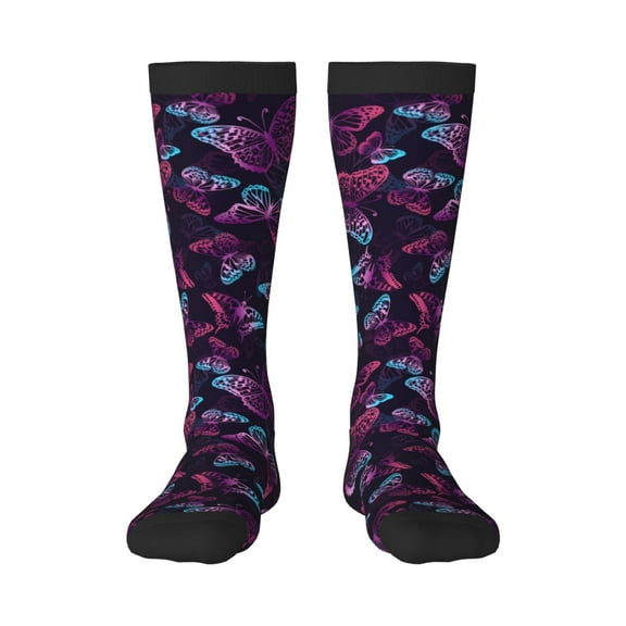 Vsdgher Purple Butterfly Print Thigh High Socks Extra Long Stretchy Sock Women Over Knee High Opaque Stocking Daily Wear