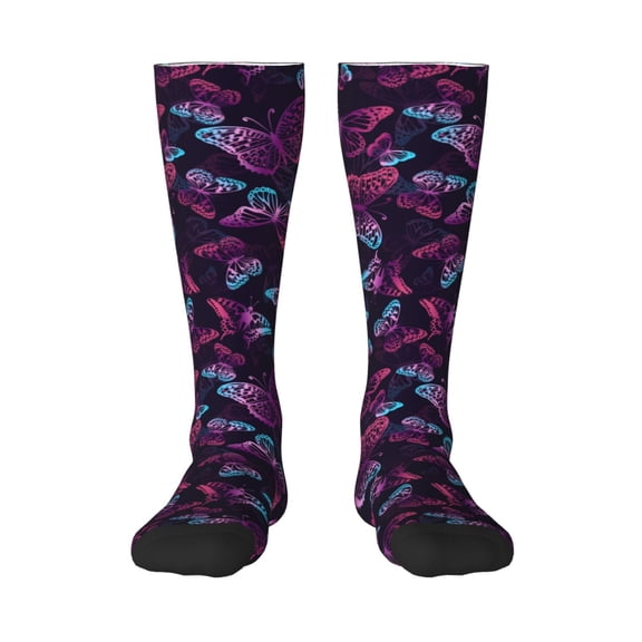 Vsdgher Purple Butterfly Print Thigh High Socks Extra Long Stretchy Sock Women Over Knee High Opaque Stocking Daily Wear