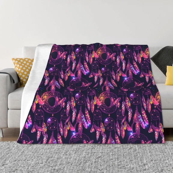 Vsdgher Purple Dreamcatcher Pattern Fleece Throw Blanket, Horizontal Fleece Bedding Home Decor for Couch & Bed All Season Use -80"x60"