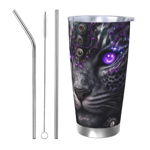 Vsdgher Purple-Eyed Floral Leopard 20 Oz Stainless Steel Vacuum Insulated, Travel Mug Coffee Cup for Home, Office, Outdoor Works Great for Ice Drinks and Hot Beverage -Straw Three-piece Set