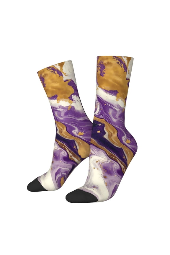 Purple Gold Marble Swirls Crew Socks for Men & Women, Breathable Casual Athletic Ankle Socks