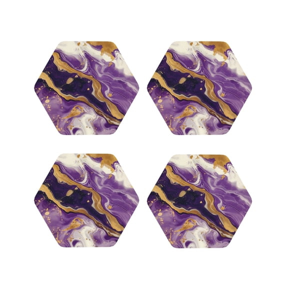 Vsdgher Purple Gold Marble Swirls Leather Coasters for Drinks, Durable Drink Coasters 4 Set for Tabletop Protection, Luxurious Home Décor and Housewarming Gift-Hexagon