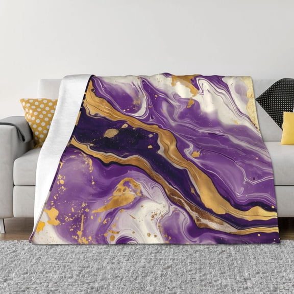 Vsdgher Purple Gold Marble Swirls Pattern Fleece Throw Blanket, Horizontal Fleece Bedding Home Decor for Couch & Bed All Season Use -50"x40"