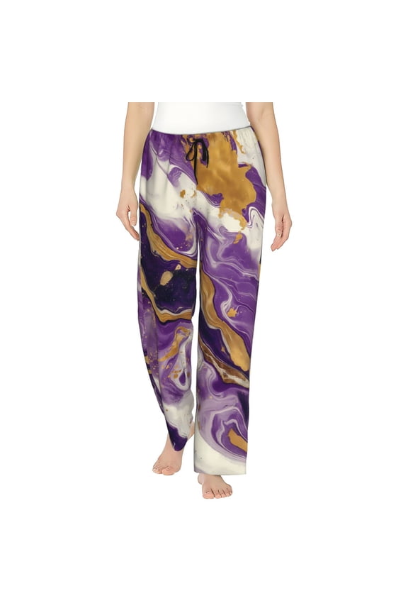 Purple Gold Marble Swirls Women’s Womens Pajama Pants, Lounge Wide Leg PantsLounge Pants,Sleep Bottoms, Lounge for Women-X-Large
