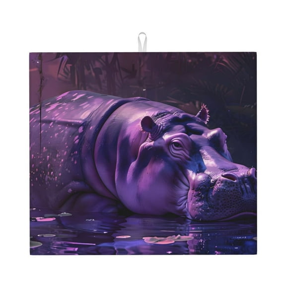 Vsdgher Purple Hippo In Water Print Dish Drying Mat, Kitchen Counter Mat, Dish Drying Pad for Dishes, Utensils, Pots and Pans,16" x 18"