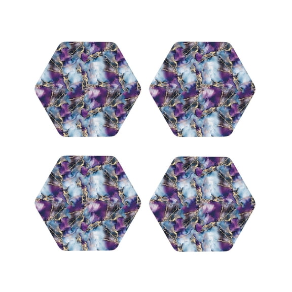 Vsdgher Purple Marble Texture Leather Coasters for Drinks, Durable Drink Coasters 4 Set for Tabletop Protection, Luxurious Home Décor and Housewarming Gift ( {designName})Hexagon