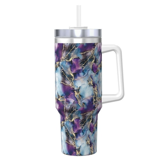 Vsdgher Purple Marble Texture Pattern 40 oz Tumbler with Handle and Straw Lid | Insulated Cup Reusable Stainless Steel Water Bottle Travel Mug | Gifts for Women Men Him Her