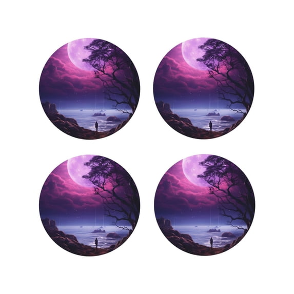 Vsdgher Purple Moon Tree Night Sky Leather Coasters for Drinks, Durable Drink Coasters 4 Set for Tabletop Protection, Luxurious Home Décor and Housewarming Gift ( {designName})Round Shape